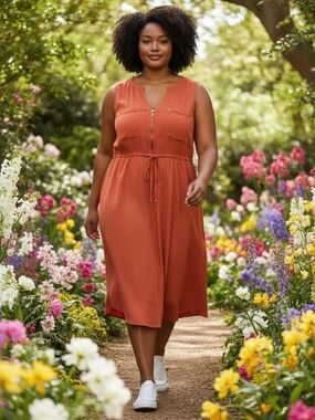 torrid Womens Classy Chic Rust Zip-Front Sleeveless Drawstring Midi Dress L